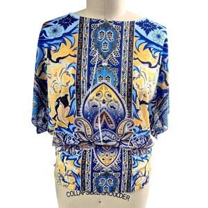 80s Energe world wear 100% Polyester Top Blue/Yellow Wide Waistband Sz L